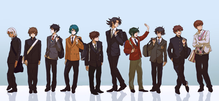 6+boys, after_war_gundam_x, amuro_ray, argyle_sweater, bag, banagher_links, black_hair, blue_eyes