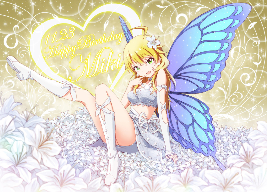 1girl, ahoge, blonde_hair, boots, butterfly_wings, earrings, flower, green_eyes