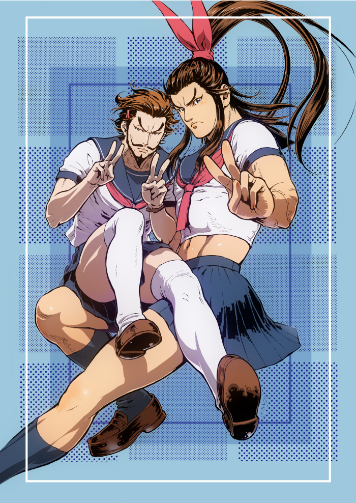 2boys, beard, crossdressinging, double_v, facial_hair, long_hair, lu_bu, male, midriff, multiple_boys, muscle, navel, ponytail, sakura_denbu, school_uniform, serafuku, shin_sangoku_musou, skirt, v, zhang_liao