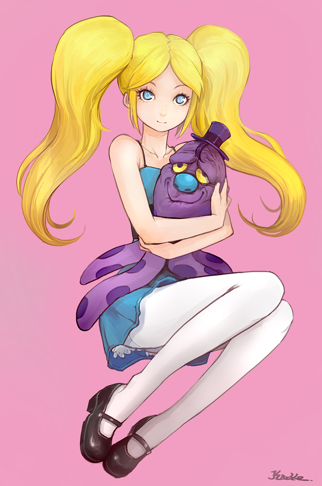 1girl, blonde_hair, blue_eyes, bubbles_(ppg), freckles, kazeco, mary_janes, octopus