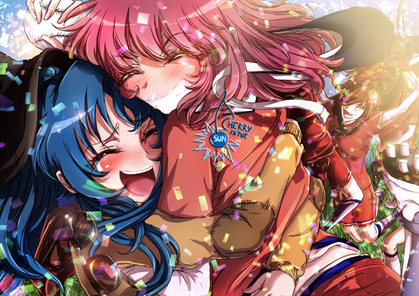 2girls, blue_hair, cherryinthesun, closed_eyes, highres, hug, kawashima_ami, kushieda_minori