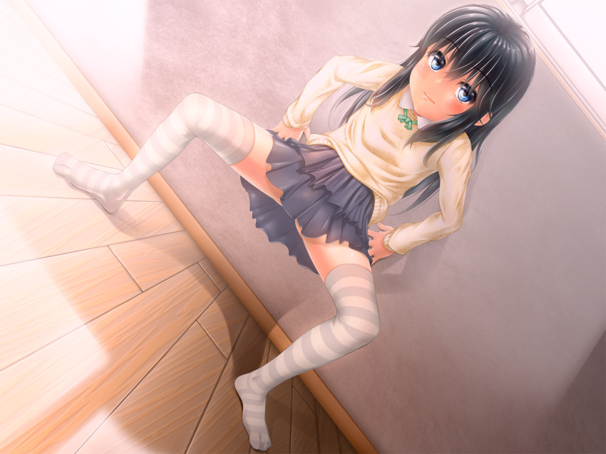 1girl, black_hair, blue_eyes, chakabo, feet, highres, long_hair, no_shoes