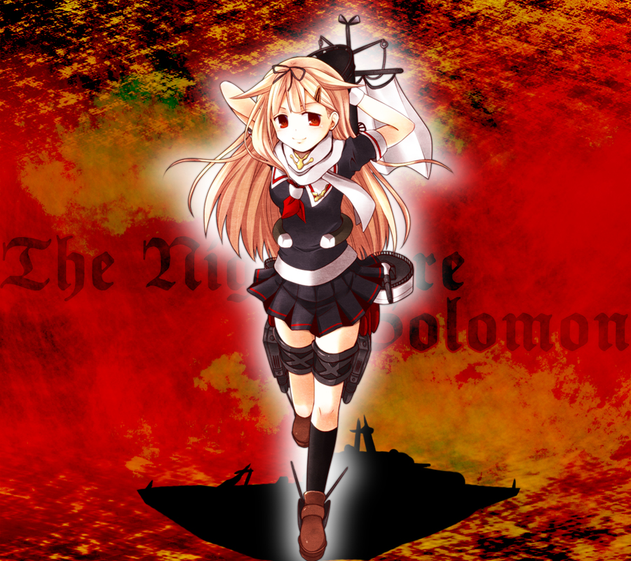 1girl, blonde_hair, bow, english, engrish, evergreen_(kate), gloves, hair_bow, hair_ornament, hair_ribbon, hairclip, kantai_collection, long_hair, personification, ranguage, red_eyes, ribbon, school_uniform, serafuku, short_sleeves, solo, yuudachi_(kantai_collection)