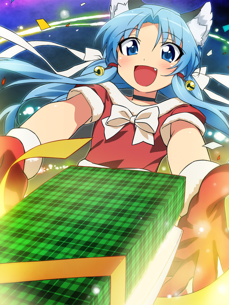 1girl, animal_ears, bell, blue_eyes, blue_hair, blush, bow, cat_ears, fang, gift, jingle_bell, long_hair, looking_at_viewer, open_mouth, original, smile, solo, tonbi, yuki_(tonbi)