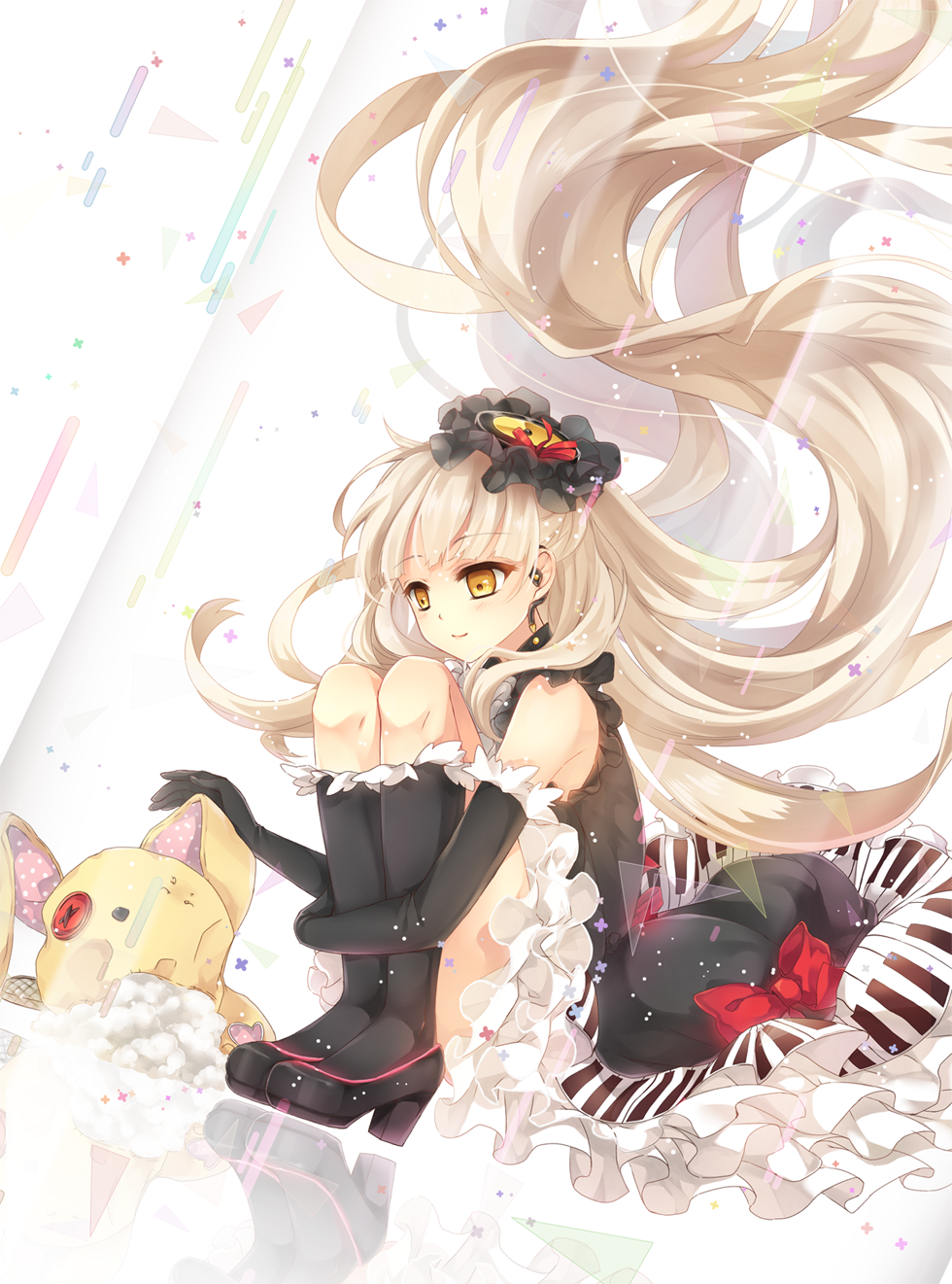 1girl, absurdly_long_hair, blonde_hair, bow, ceru, doll, dress, elbow_gloves