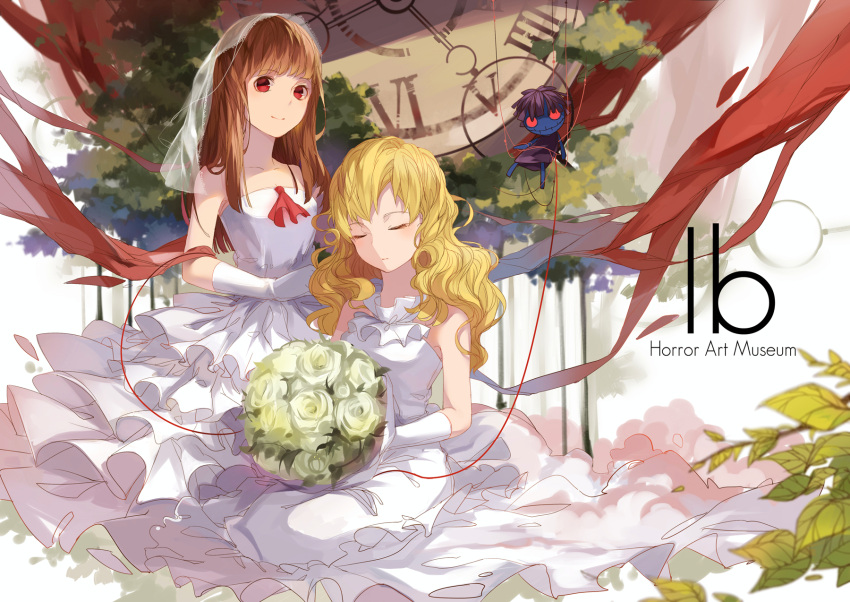 2girls, blonde_hair, bouquet, brown_hair, clock, closed_eyes, copyright_name, doll, dress, elbow_gloves, flower, gloves, highres, ib, ib_(ib), long_hair, mary_(ib), multiple_girls, red_eyes, ribbon, rose, smile, veil, wedding_dress, xiao_zhangyu