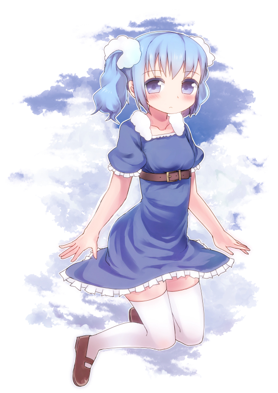 1girl, aratsuka, blue_eyes, blue_hair, blush, kumori_(aratsuka), looking_at_viewer, original, short_hair, solo, thighhighs, white_legwear
