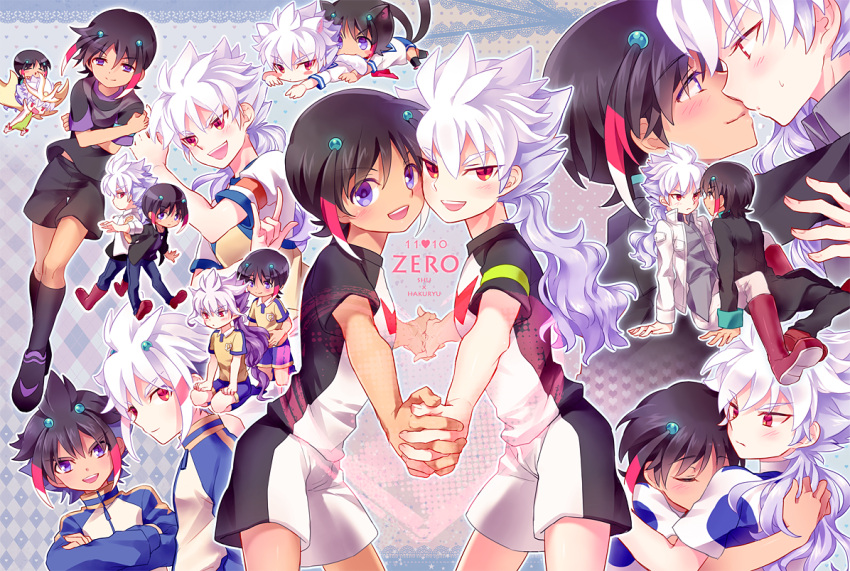 2boys, ancient_dark, animal_ears, armband, blush, character_name, chibi, closed_eyes, eye_contact, hair_ornament, hakuryuu_(inazuma_eleven), heart, holding_hands, inazuma_eleven_(series), inazuma_eleven_go, inazuma_eleven_go_chrono_stone, inazuma_eleven_go_galaxy, kemonomimi_mode, lightning_bolt, long_hair, looking_at_another, looking_at_viewer, male, multicolored_hair, multiple_boys, open_mouth, ponytail, raimon, red_eyes, school_uniform, seijuu_shining_dragon, serafuku, shinsei_inazuma_japan, short_hair, shuu_(inazuma_eleven), soccer_uniform, tail, track_jacket, two-tone_hair, unlimited_shining, violet_eyes, yaoi, zero_(inazuma_eleven), zhuge_kongming_(inazuma_eleven)
