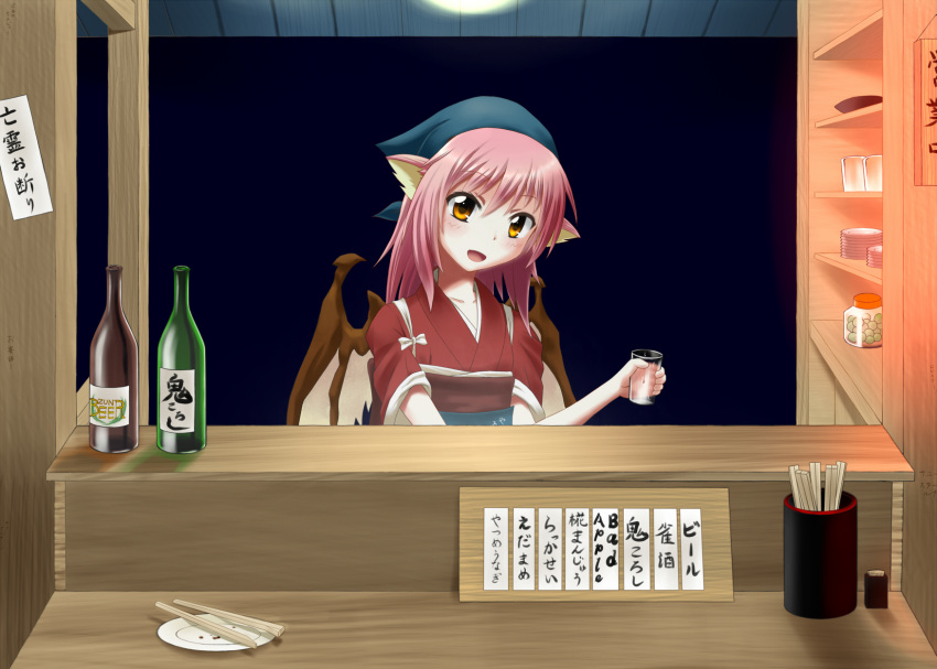 1girl, bird_wings, blue_background, blush, bottle, chopsticks, collarbone, food_stand
