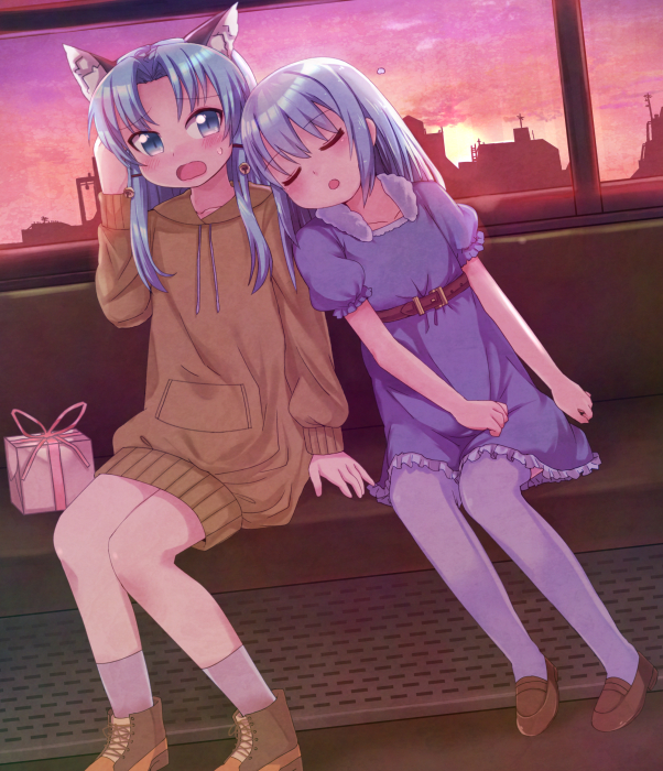 2girls, animal_ears, aratsuka, bell, blush, borrowed_character, cat_ears, closed_eyes