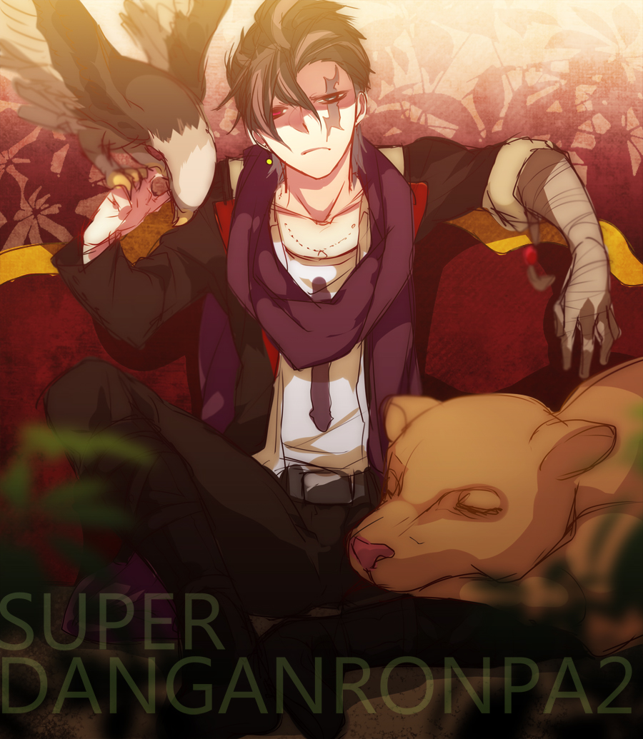 1boy, bandages, bear, bird, couch, dangan_ronpa, eagle, heterochromia