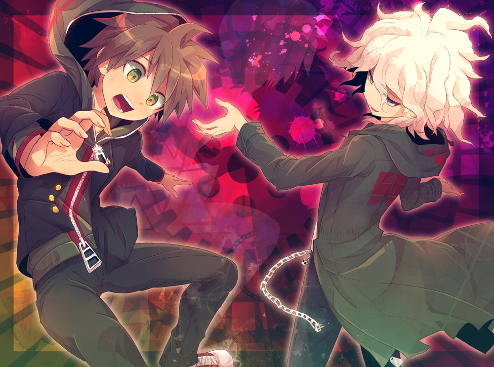 2boys, ahoge, brown_hair, dangan_ronpa, grey_eyes, hoodie, inumaru_akagi, jacket, komaeda_nagito, male, multiple_boys, naegi_makoto, necktie, short_hair, smile, super_dangan_ronpa_2, white_hair