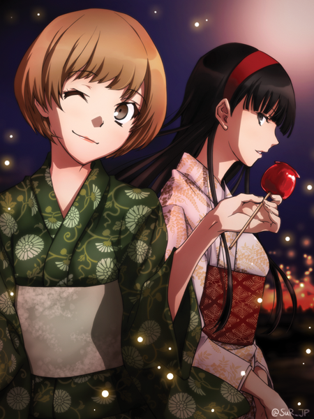 2girls, amagi_yukiko, black_hair, brown_eyes, brown_hair, candy_apple, floral_print, hairband