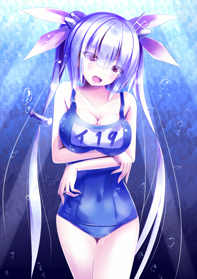 1girl, blue_hair, breasts, bubble, hair_ornament, hair_ribbon, i-19_(kantai_collection), kantai_collection