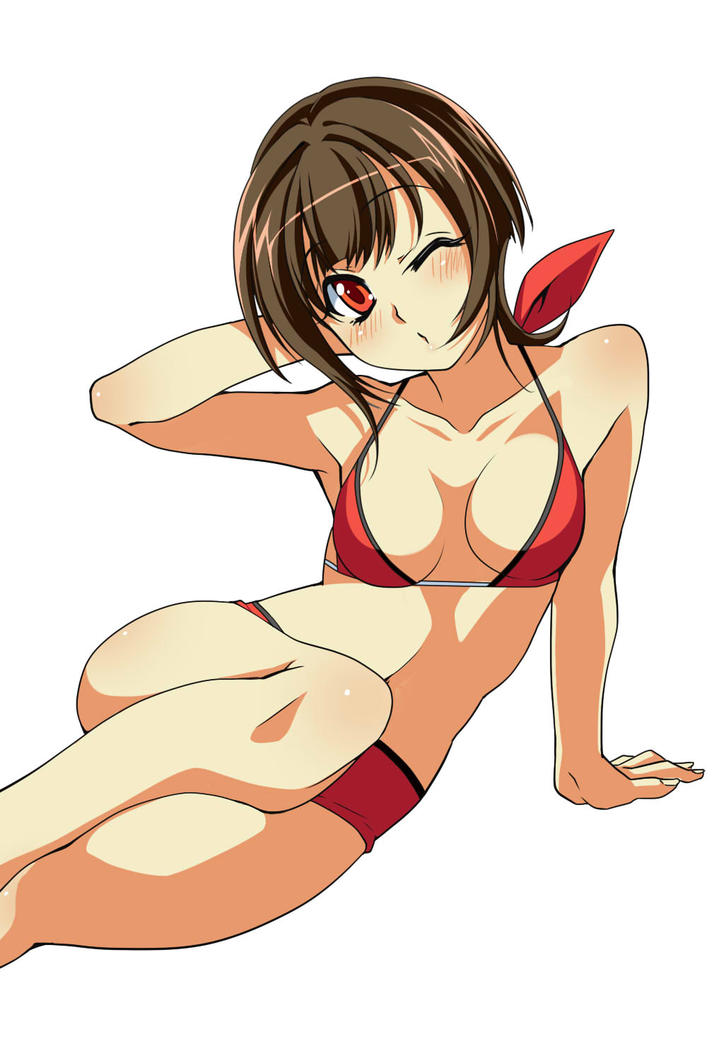 1girl, aldiana, arm_support, arm_up, bikini, breasts, brown_hair, cleavage