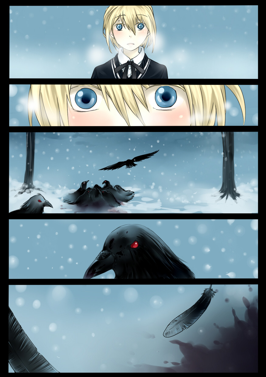 1girl, background, bai_lao_shu, bird, blonde_hair, blood, blue_eyes, blush
