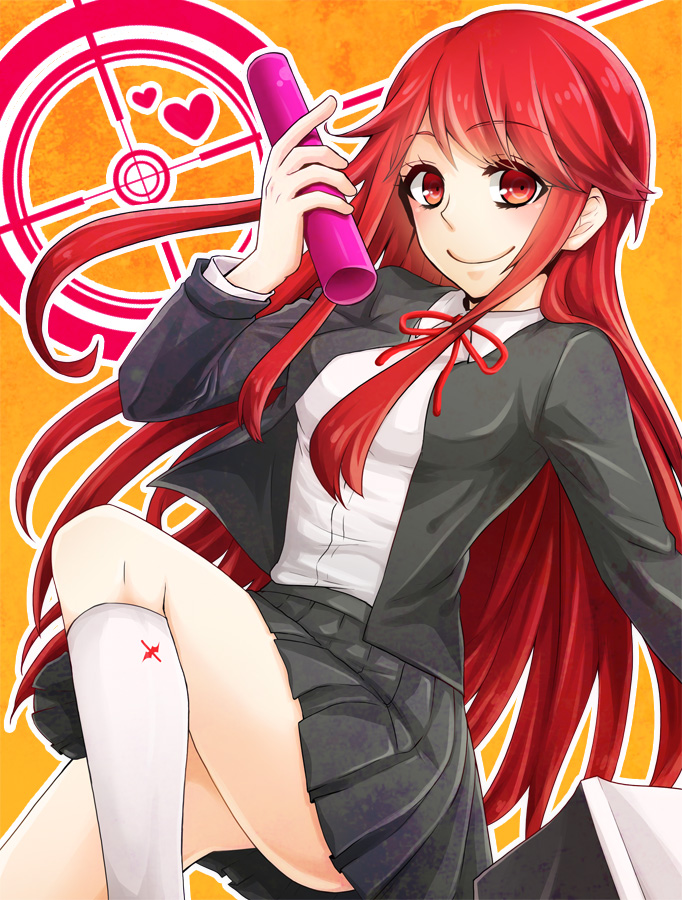 1girl, carrying, dangan_ronpa, dangan_ronpa/zero, heart, long_hair, necktie, otonashi_ryouko, purple_hair, red_eyes, redhead, school_uniform, shii619, skirt, very_long_hair