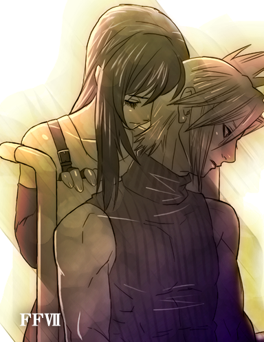 black_hair, blonde_hair, cloud_strife, elbow_gloves, closed_eyes, final_fantasy, final_fantasy_vii, gloves, isaki_(pixiv609148), long_hair, short_hair, spiky_hair, suspenders, tifa_lockhart, wheelchair