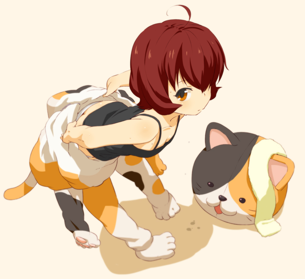 1girl, ahoge, animal_costume, bent_over, brown_eyes, brown_hair, calico, camisole