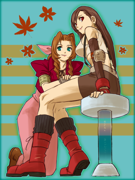aerith_gainsborough, belt, black_hair, boots, bracelets, brown_hair, dress, elbow_gloves