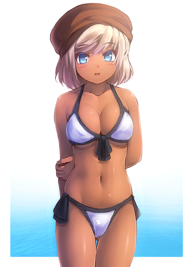 1girl, bikini, blonde_hair, blue_eyes, breasts, cabbie_hat, cleavage, dark_skin, hat, komitsu, power_pro_kun_pocket, short_hair, solo, swimsuit, takeuchi_miina