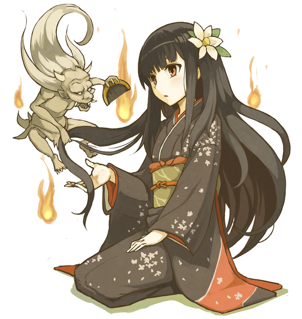 black_hair, flame, flower, hair_flower, hair_ornament, horns, ichi_hachi_rei_rei, japanese_clothes, kimono, loincloth, long_hair, obi, oni, original, red_eyes, seiza, sitting