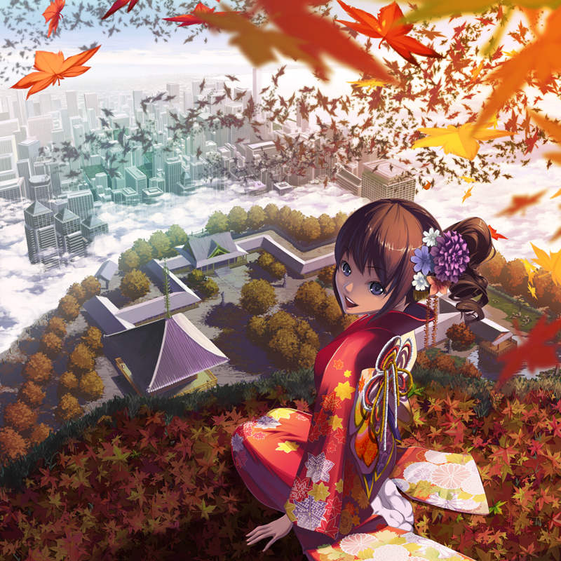 1girl, brown_hair, building, clouds, flower, hair_ornament, japanese_clothes, kimono
