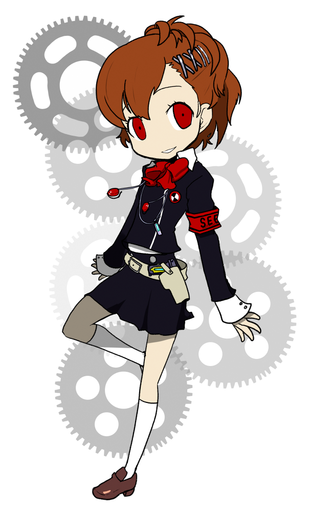 1girl, armband, brown_hair, chibi, daizan_(mount_position), evoker, female_protagonist_(persona_3), gears
