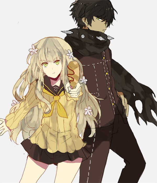 1boy, 1girl, :t, black_hair, blonde_hair, cardigan, collar, corndog