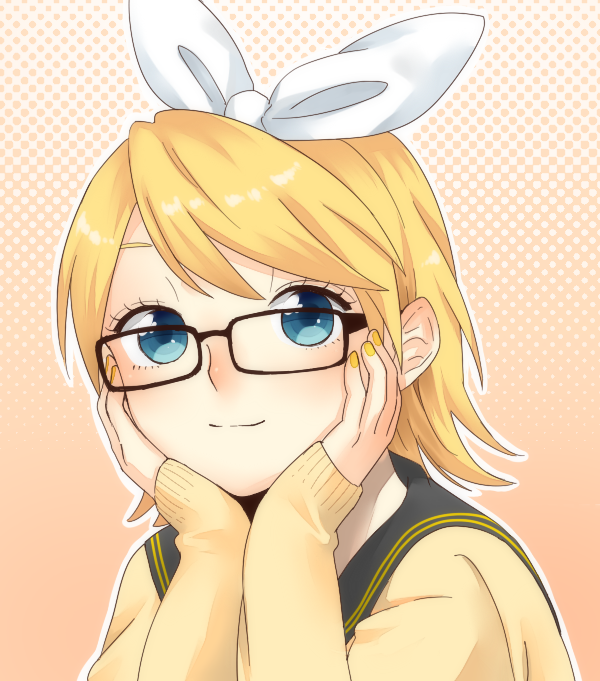 1girl, bespectacled, blonde_hair, blue_eyes, glasses, kagamine_rin, mogggggge, ribbon, short_hair, smile, solo, vocaloid