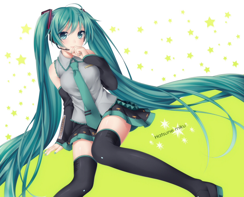1girl, aqua_eyes, aqua_hair, boots, character_name, detached_sleeves, hatsune_miku, headset