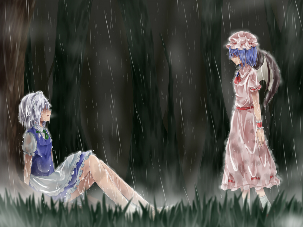 2girls, bat_wings, blue_hair, braid, hidden_eyes, izayoi_sakuya, maid_apron, maid_headdress
