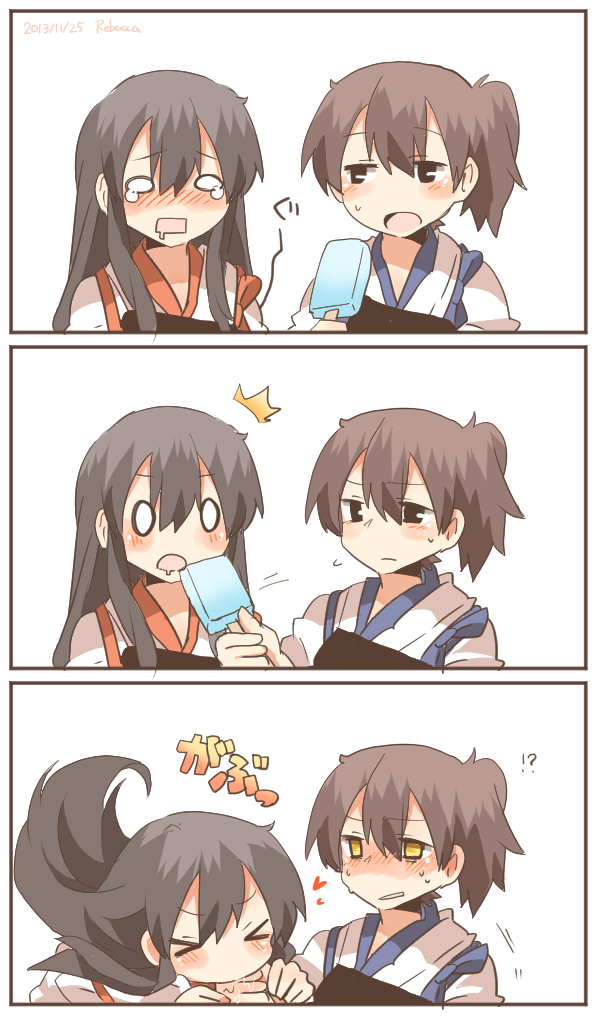 !?, >_<, /\/\/\, 2girls, akagi_(kantai_collection), black_eyes, blush, brown_hair