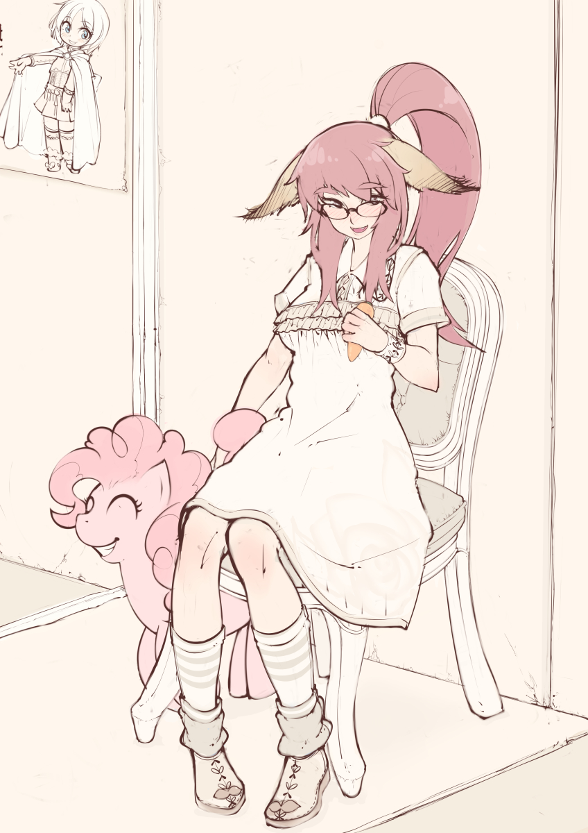 1girl, animal_ears, brown_hair, carrot, chair, closed_eyes, crossover, dress