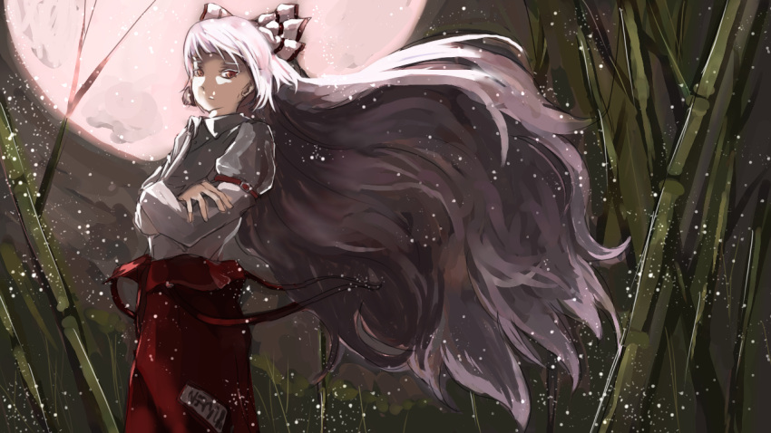 1girl, amatou3, arm_garter, bamboo, buckle, crossed_arms, floating_hair, fujiwara_no_mokou