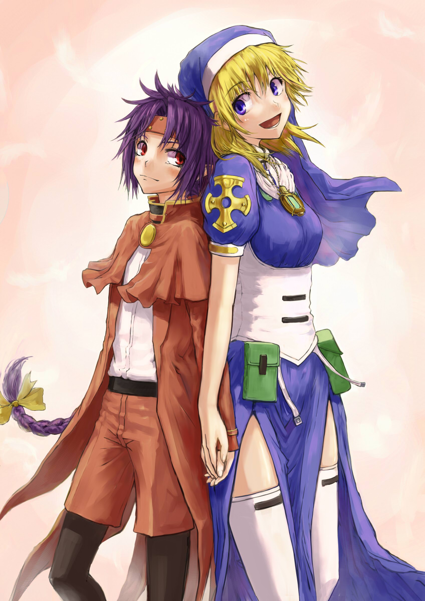 1boy, 1girl, back-to-back, black_legwear, blonde_hair, braid, chourui_keiko, chrono