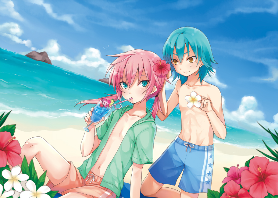 2boys, beach, blue_eyes, blue_hair, clouds, drink, dutch_angle, inazuma_eleven_(series)