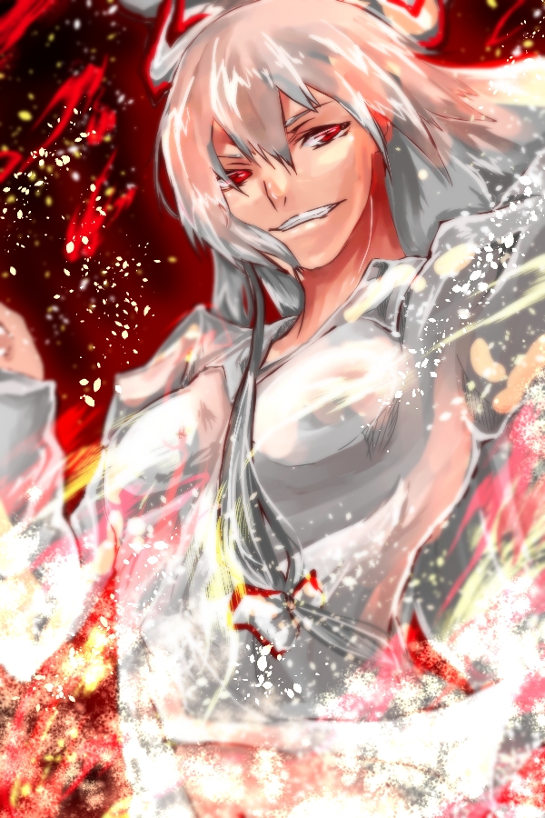 1girl, atena_(k-kzk1842), fujiwara_no_mokou, red_eyes, silver_hair, smirk, solo, touhou
