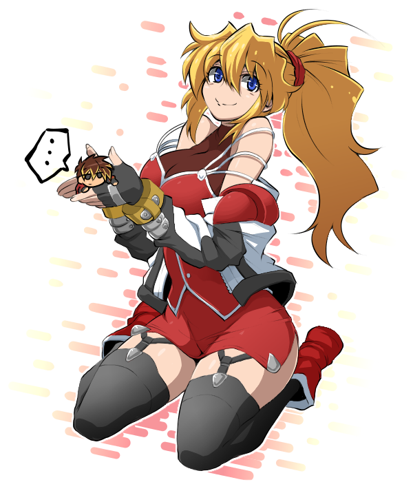 ..., 1boy, 1girl, bare_shoulders, black_gloves, black_legwear, blonde_hair, blue_eyes