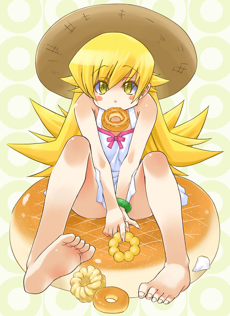 barefoot, blonde_hair, censored, convenient_censoring, doughnut, dress, hat, kageyama_shinobi