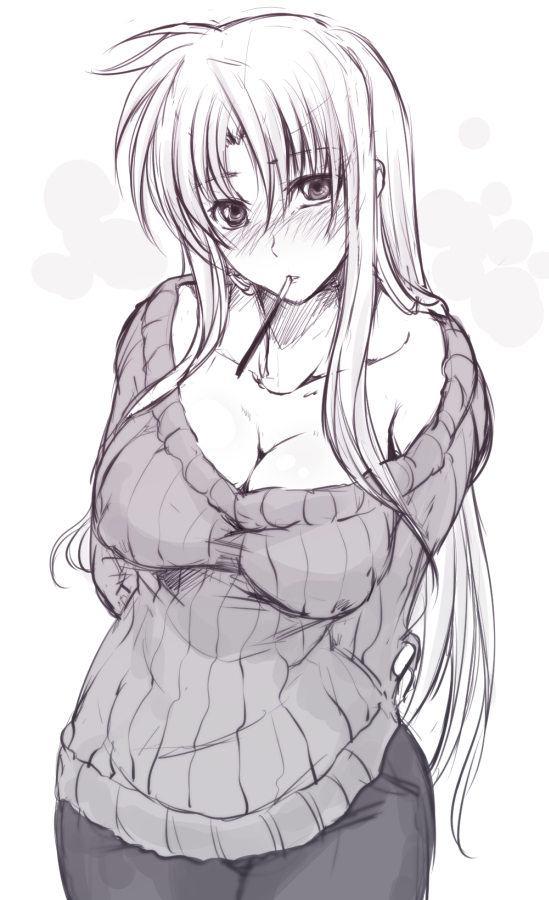 1girl, arms_behind_back, bare_shoulders, blush, breasts, cleavage, fate_testarossa, hagane_soushi