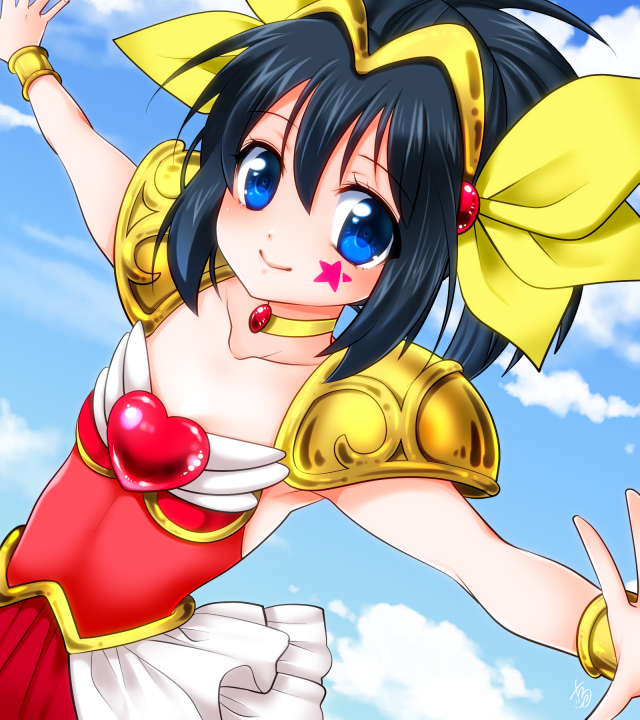 1girl, angel_peach, angel_peach_(cosplay), black_hair, blue_eyes, brooch, chiru, choker, cosplay, dutch_angle, heart, jewelry, kunihiro_hajime, magical_girl, outstretched_arms, ponytail, saki, short_hair, skirt, smile, solo, spread_arms, tattoo, tiara, wedding_peach, wrist_cuffs