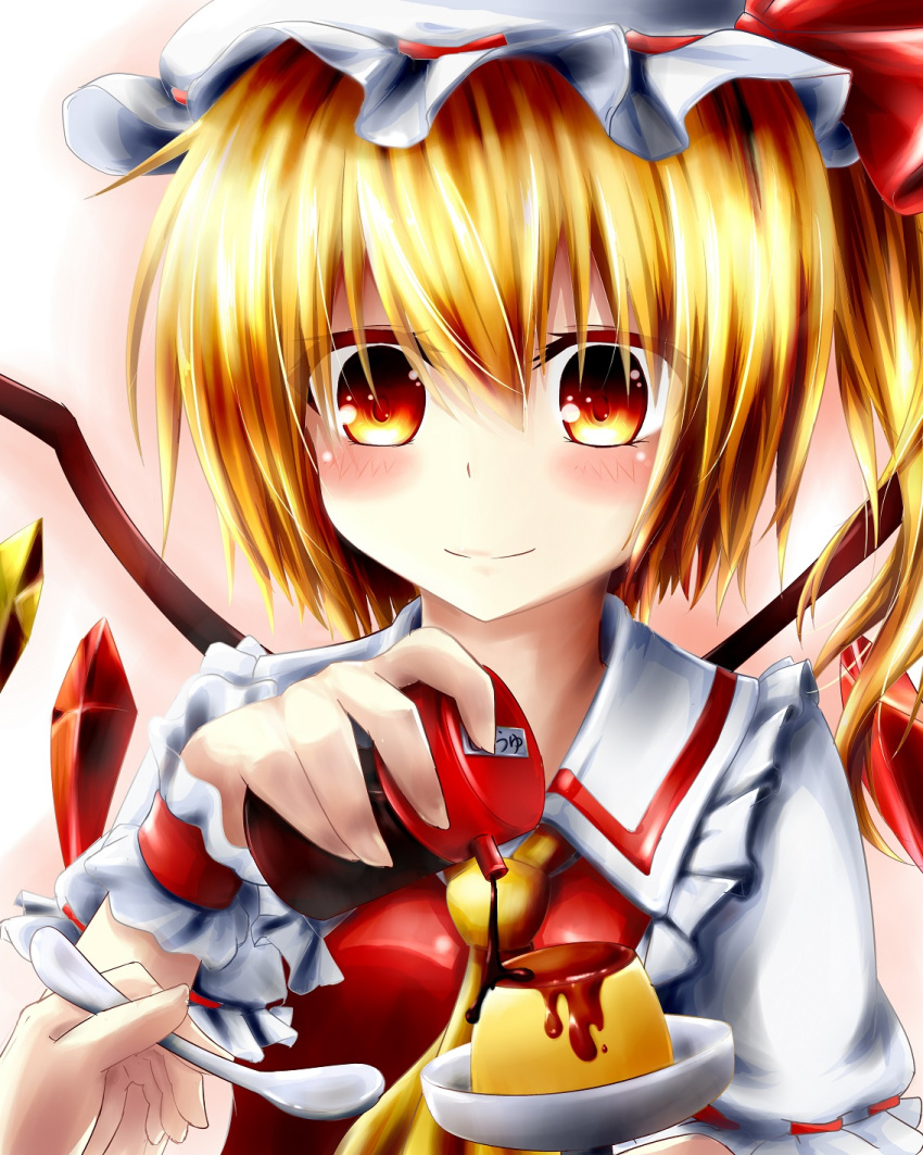 1girl, akaikonomi, blonde_hair, blush, bust, colored_shadow, flandre_scarlet, hat, hat_ribbon, highres, looking_at_viewer, mob_cap, pov, pudding, red_eyes, ribbon, short_hair, short_sleeves, side_ponytail, simple_background, smile, solo, spoon, syrup, touhou, wings, wrist_cuffs