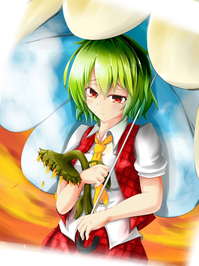 1girl, akaikonomi, dress_shirt, dutch_angle, flower, green_hair, kazami_yuuka, looking_at_viewer