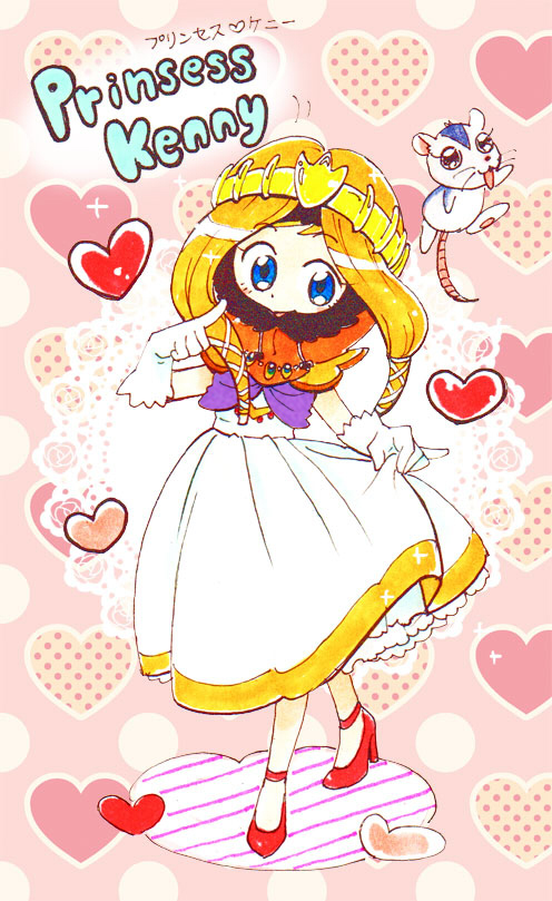 blonde_hair, blue_eyes, crossdressing, dress, gloves, heart, hood, kenny_mccormick, long_hair, mouse, smile, south_park, traditional_media, yoneda_(datsugoku)