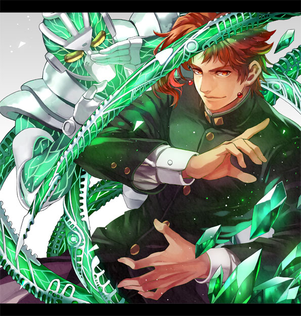 2boys, earrings, gakuran, hierophant_green, ishiima_shiro, jewelry, jojo_no_kimyou_na_bouken, kakyouin_noriaki