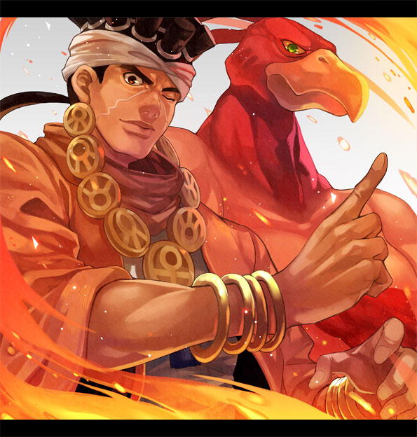 2boys, brown_eyes, dark_skin, fire, headband, ishiima_shiro, jojo_no_kimyou_na_bouken, magician's_red