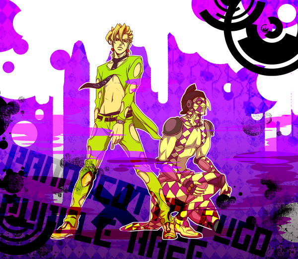 2boys, blonde_hair, formal, jojo_no_kimyou_na_bouken, midriff, mrlee, multiple_boys, necktie, pannacotta_fugo, purple_haze_(stand), stand_(jojo), suit, visor