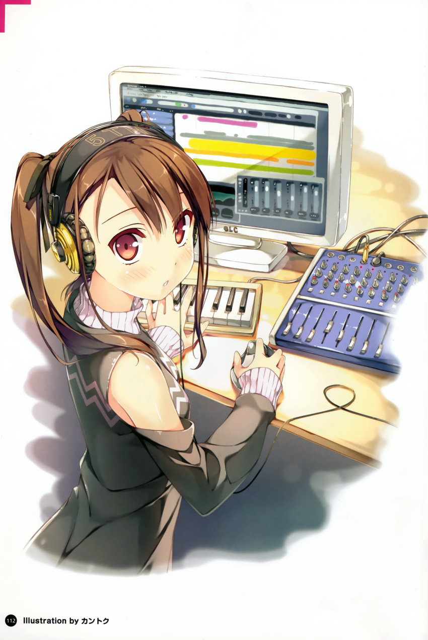 1girl, absurdres, brown_hair, detached_sleeves, headphones, highres, instrument, jacket, kantoku, keyboard_(instrument), monitor, mouse, ponytail, red_eyes, synthesizer, table