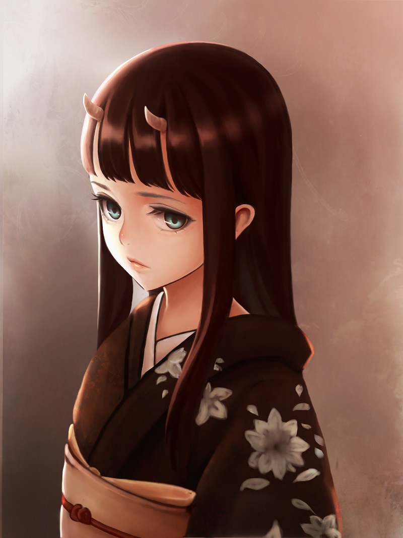 1girl, bangs, black_hair, blunt_bangs, bust, hime_cut, horns, japanese_clothes